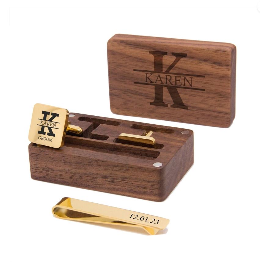 Personalised Engraved Stainless Steel Mens Square Cufflinks with Tie Pin & Box