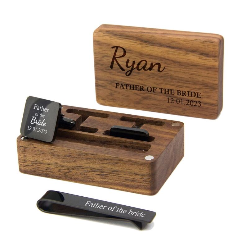 Personalised Engraved Stainless Steel Mens Square Cufflinks with Tie Pin & Box