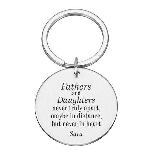Personalised Enrgaved Metal Keyring Gift Dad | Fathers & Daughters never apart | Custom Names Text | Silver Black Gold Fathers day Keychain