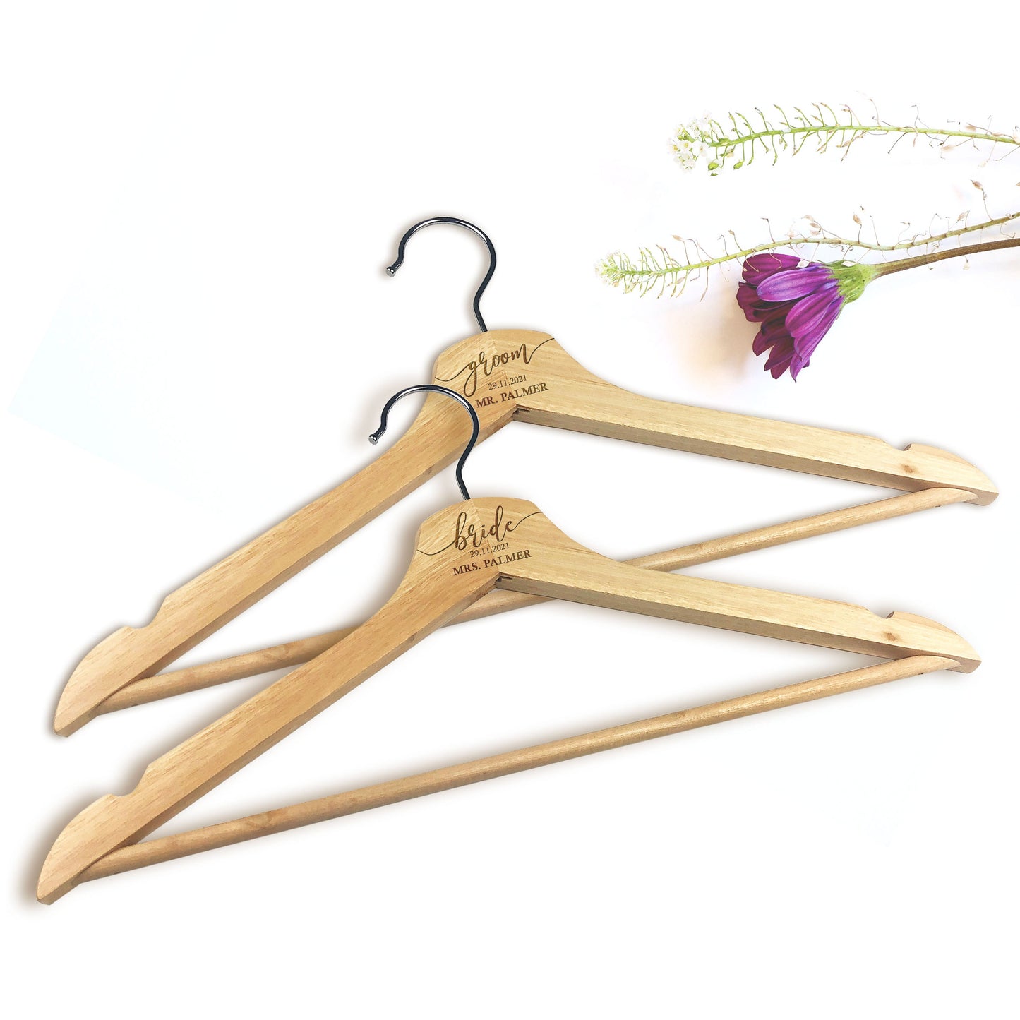 Set of 2 Personalised Engraved Wooden Bridal Dress & Coat Hangers for Bride and Groom | Wedding Day Gift | Custom Names Date