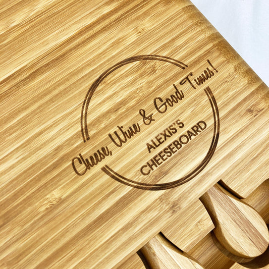 Personalised Wooden Cheese Board & Knives Gift Set Custom Name | Fathers Day Mothers Day Birthday Christmas | Cheese Wine Good Times