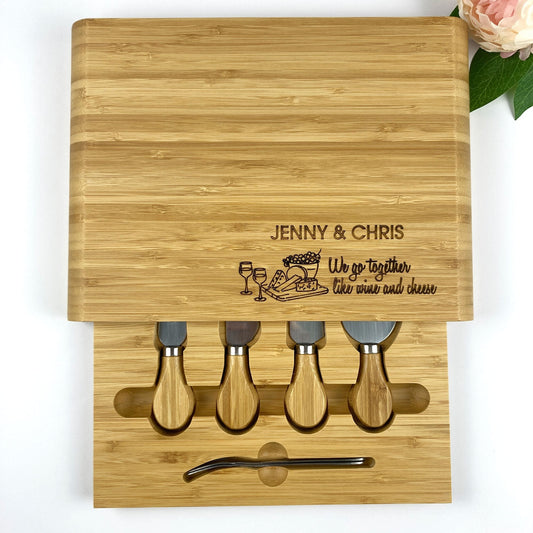 Personalised Engraved Wooden Cheese Board Gift Set with Knives | Custom Names Date Text | Wedding Anniversary Engagement House warming