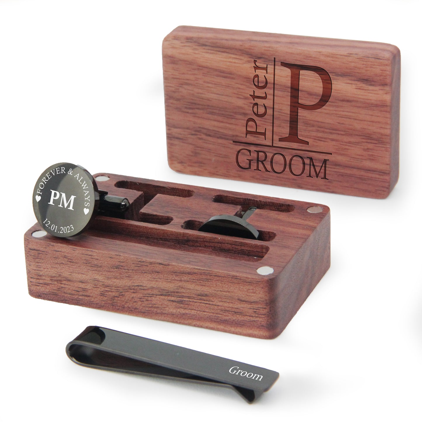 Personalised Engraved Stainless Steel Mens Round Cufflinks with Tie Pin & Box