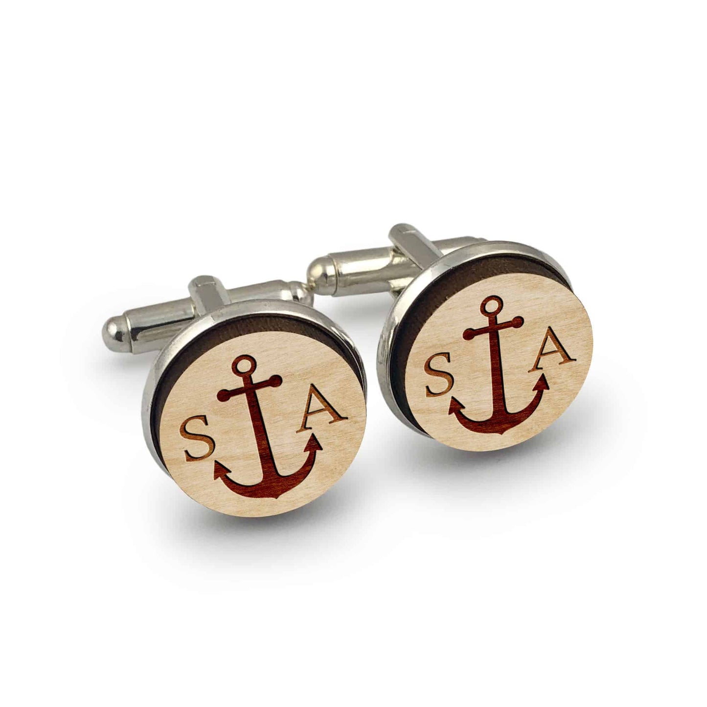 Round Anchor Wooden Mens Wedding Cufflinks Gift with Initials