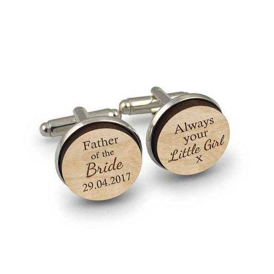 Father of the Bride Round Wooden Engraved Wedding shirt Cuff links Gift