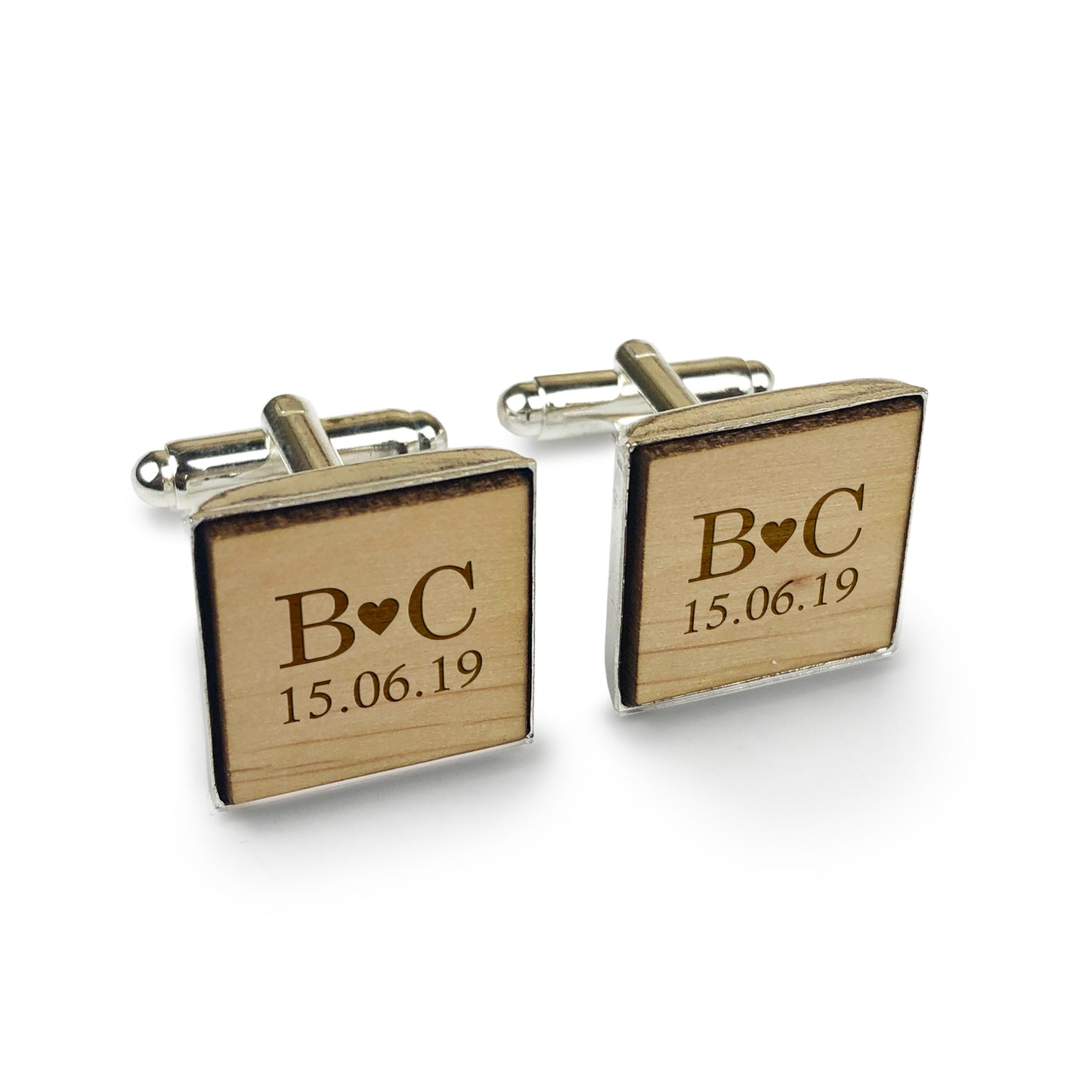 Square Initials Wooden Cufflinks with Custom Initials & Love Heart