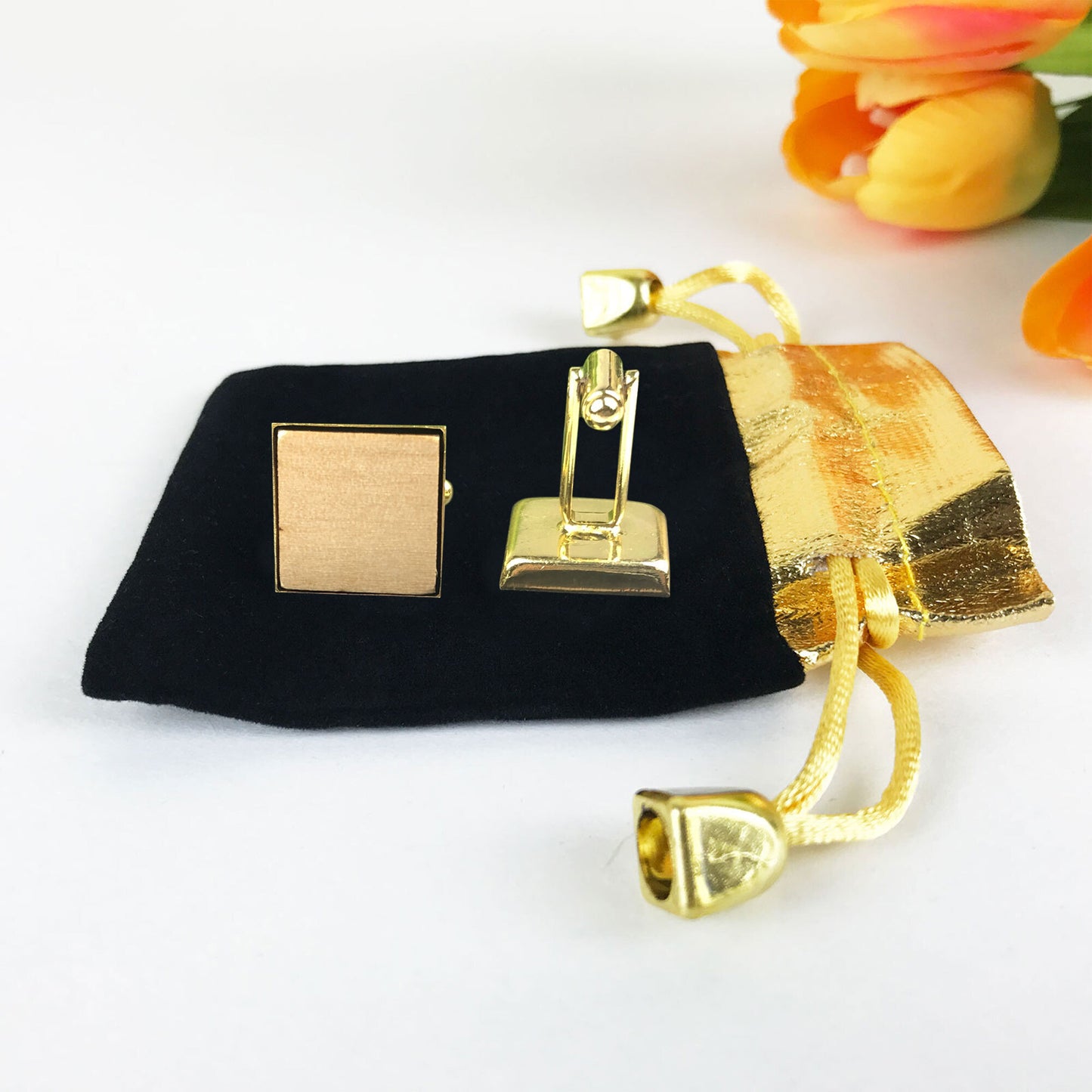 Square Initials Wooden Cufflinks with Custom Initials & Love Heart