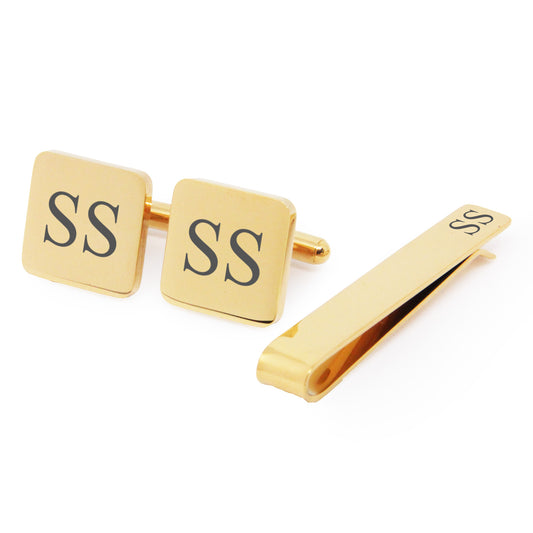 Personalised Engraved Stainless Steel Mens Square Cufflinks with Tie Pin Set