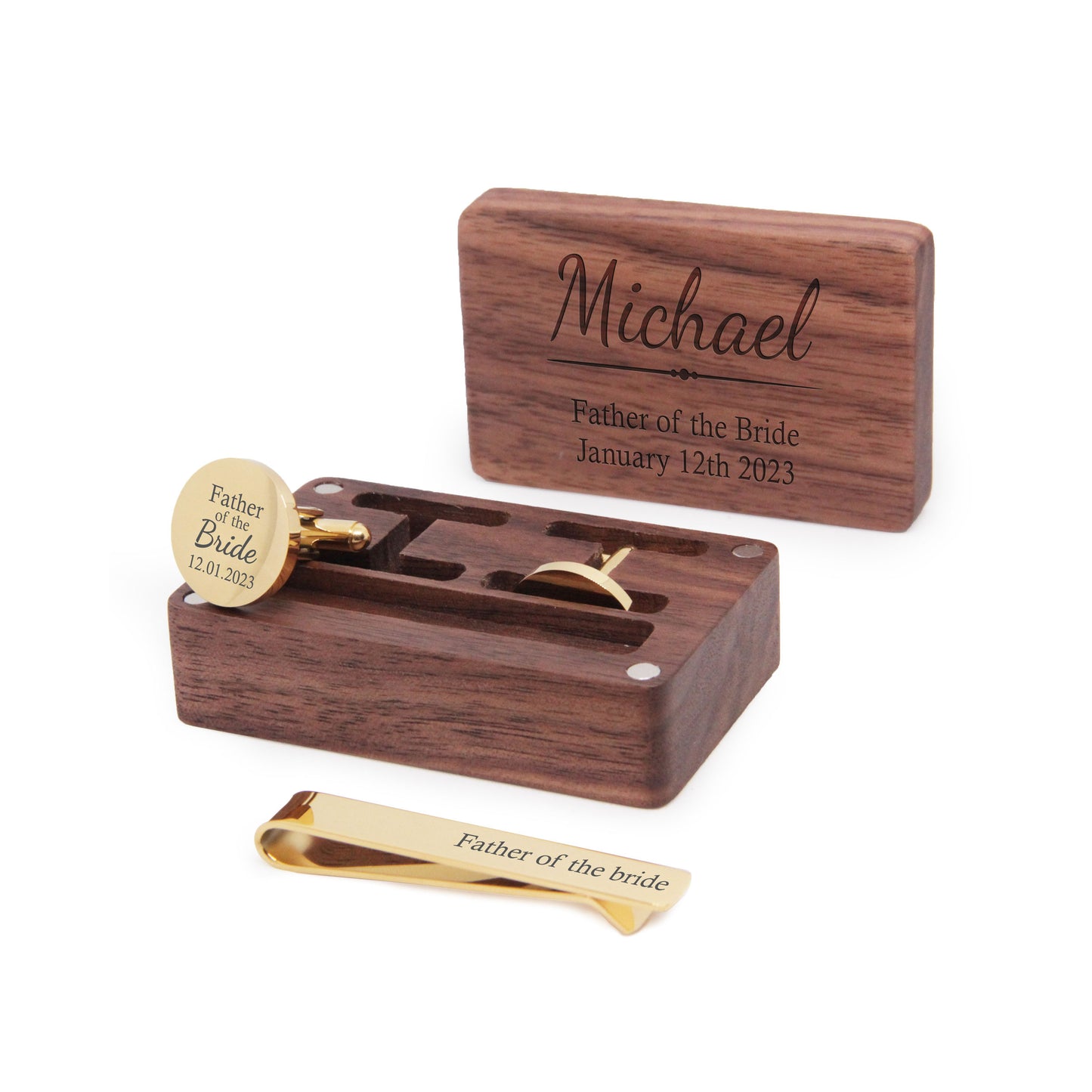 Personalised Engraved Stainless Steel Mens Round Cufflinks with Tie Pin & Box