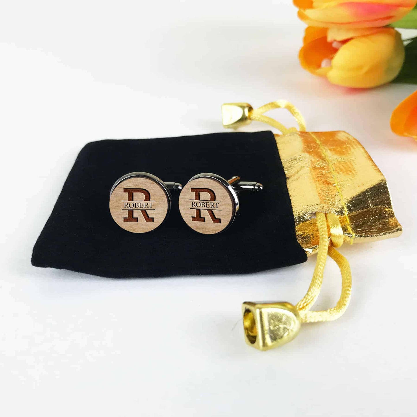 Custom Name Initial Round Wooden Engraved Wedding Birthday shirt cuff links Gift