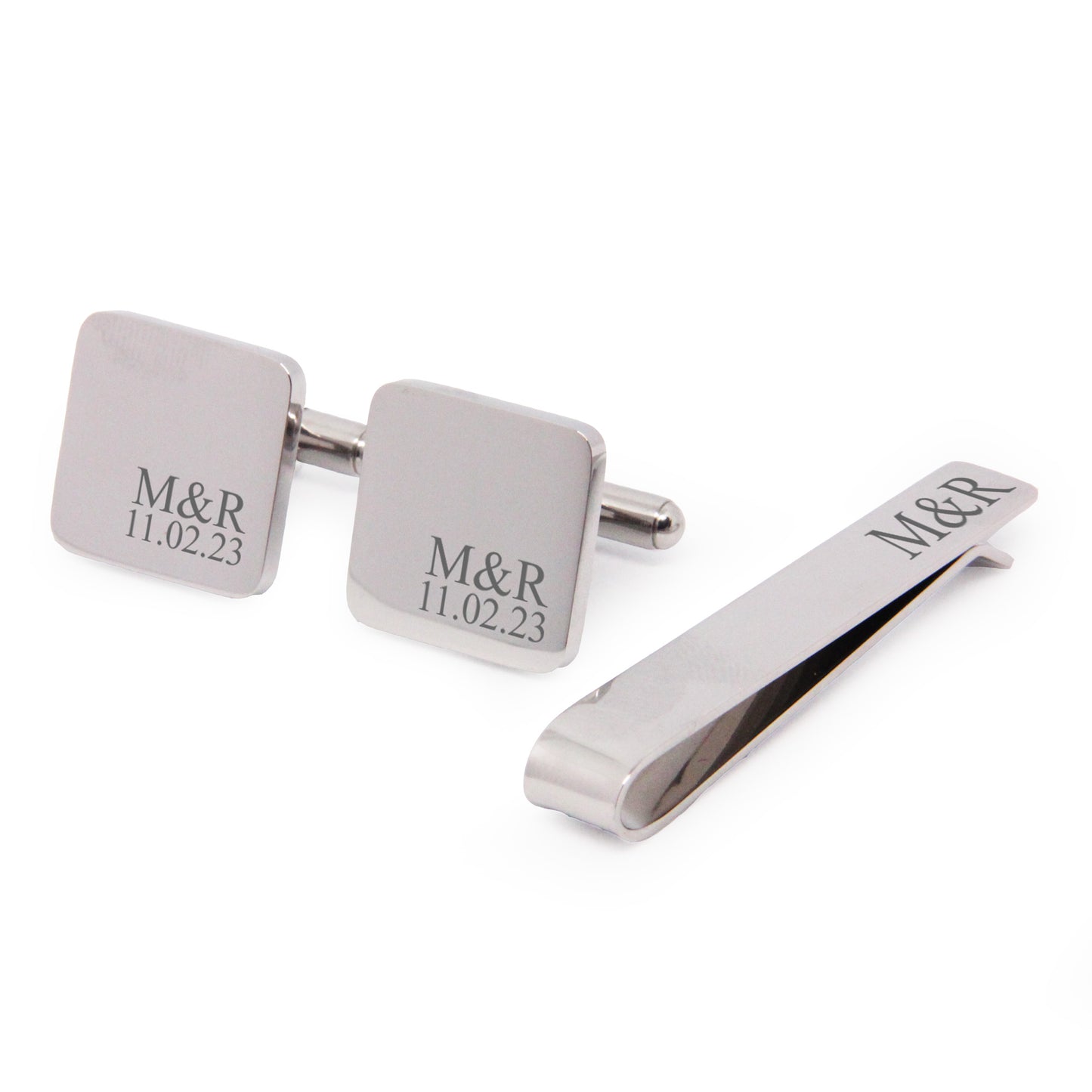 Personalised Engraved Stainless Steel Mens Square Cufflinks with Tie Pin Set