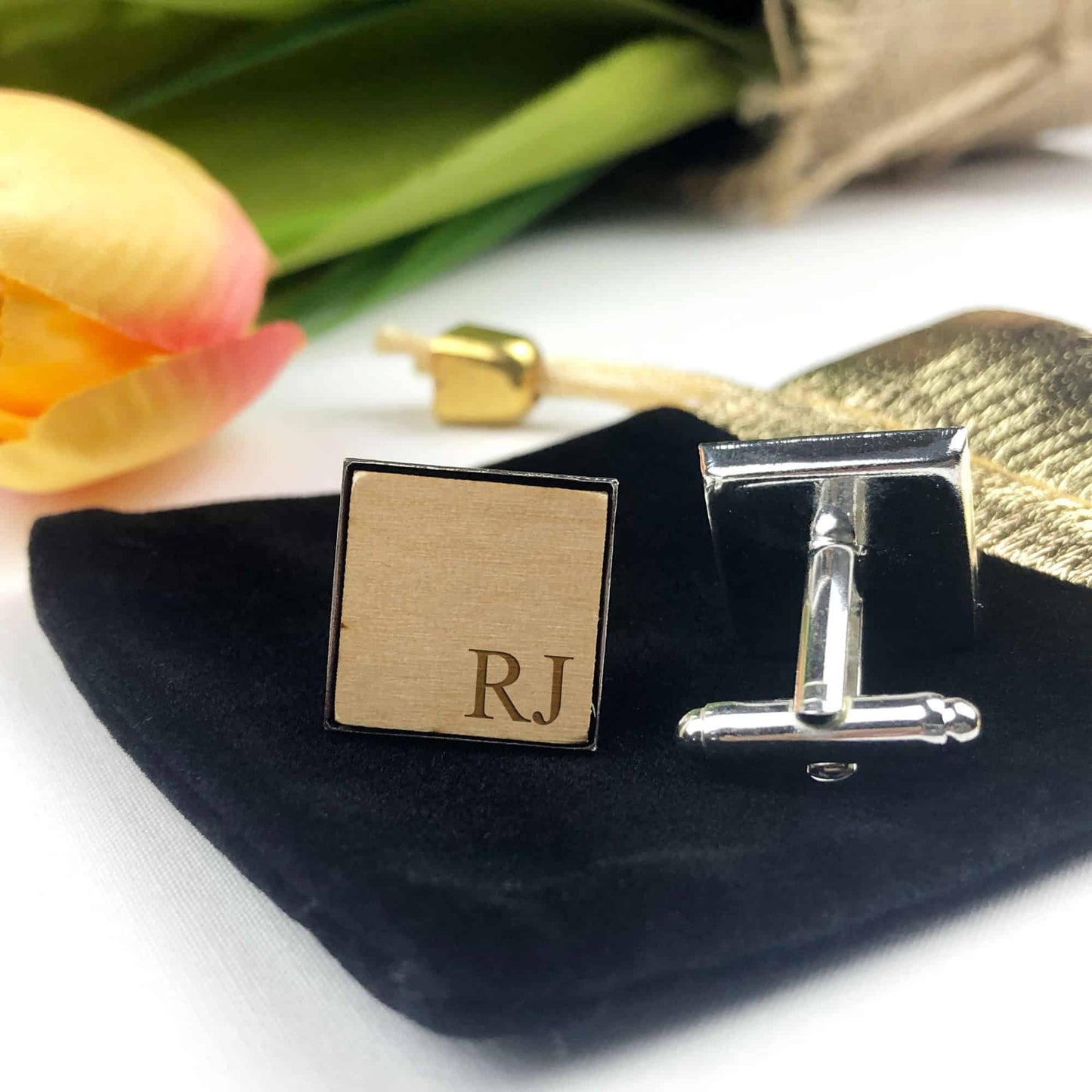 Square Wooden Initials Mens Cufflinks With Git Pouch