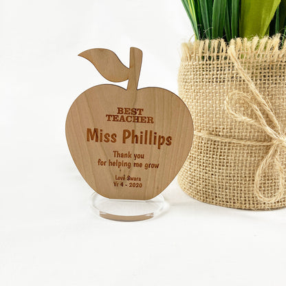 Wooden Apple Plaque with stand Gift Teachers Day End of Term Christmas