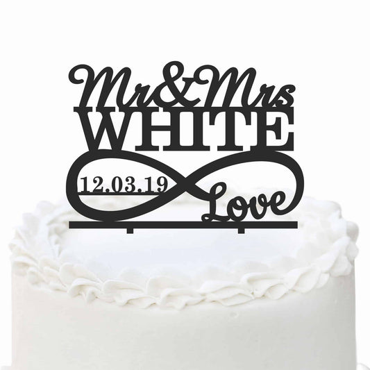 Mr & Mrs Infinity Symbol and Last Name Date Wedding Cake Topper