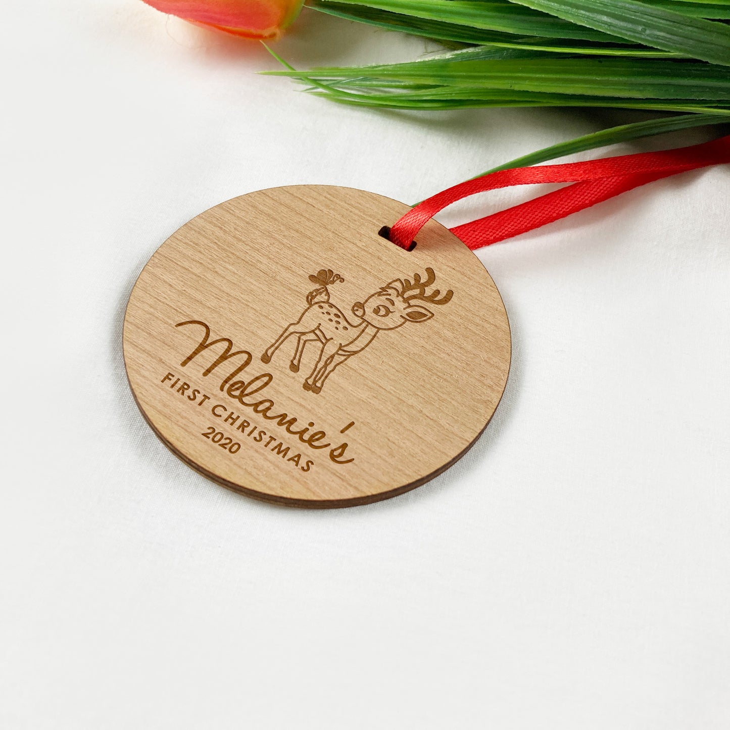 Reindeer Babys First Christmas Round Wooden Ornament