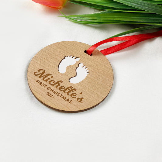 Baby Footprints First Christmas Round Wooden Ornament