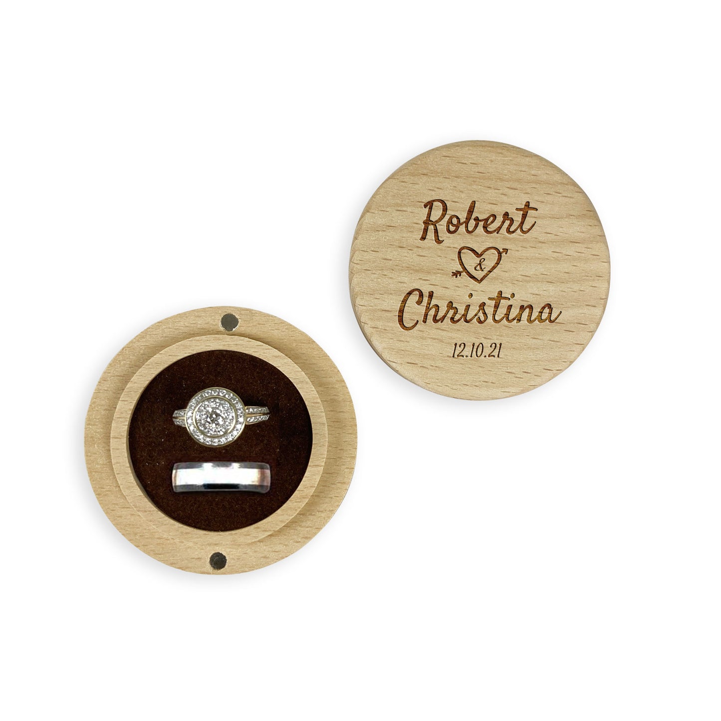 Engraved Round Wooden Ring box Gift Custom Names Heart Date