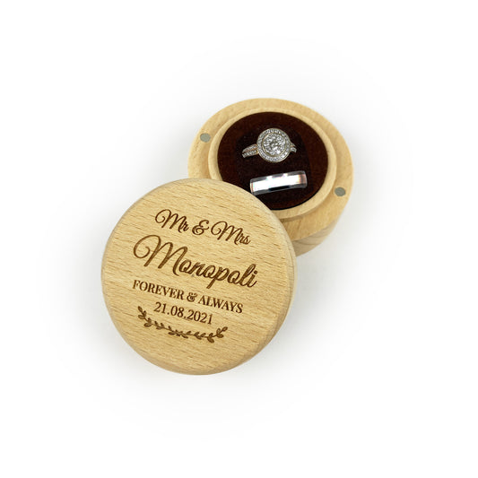 Round Wooden Engraved Mr. & Mrs. Forever Always Ring Holder Gift Box