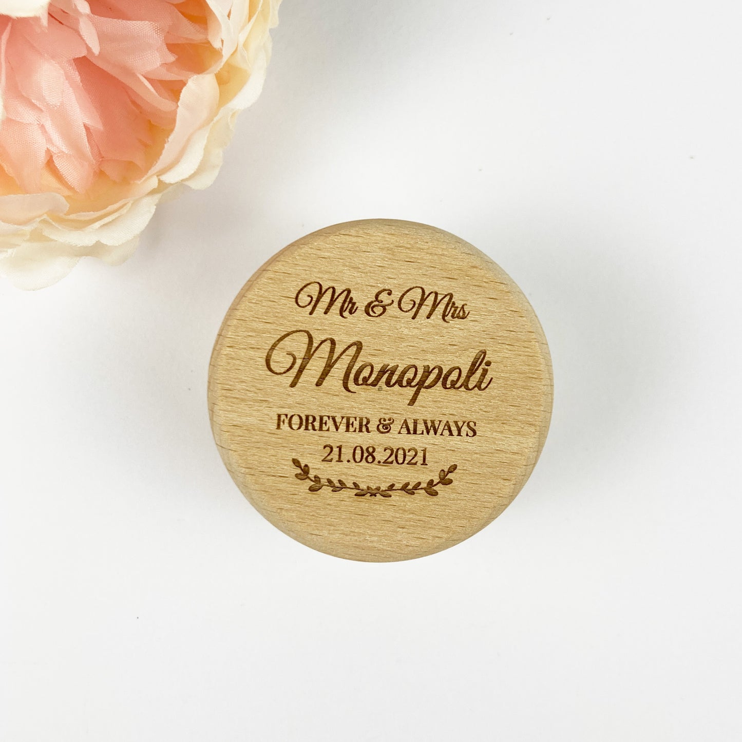 Round Wooden Engraved Mr. & Mrs. Forever Always Ring Holder Gift Box