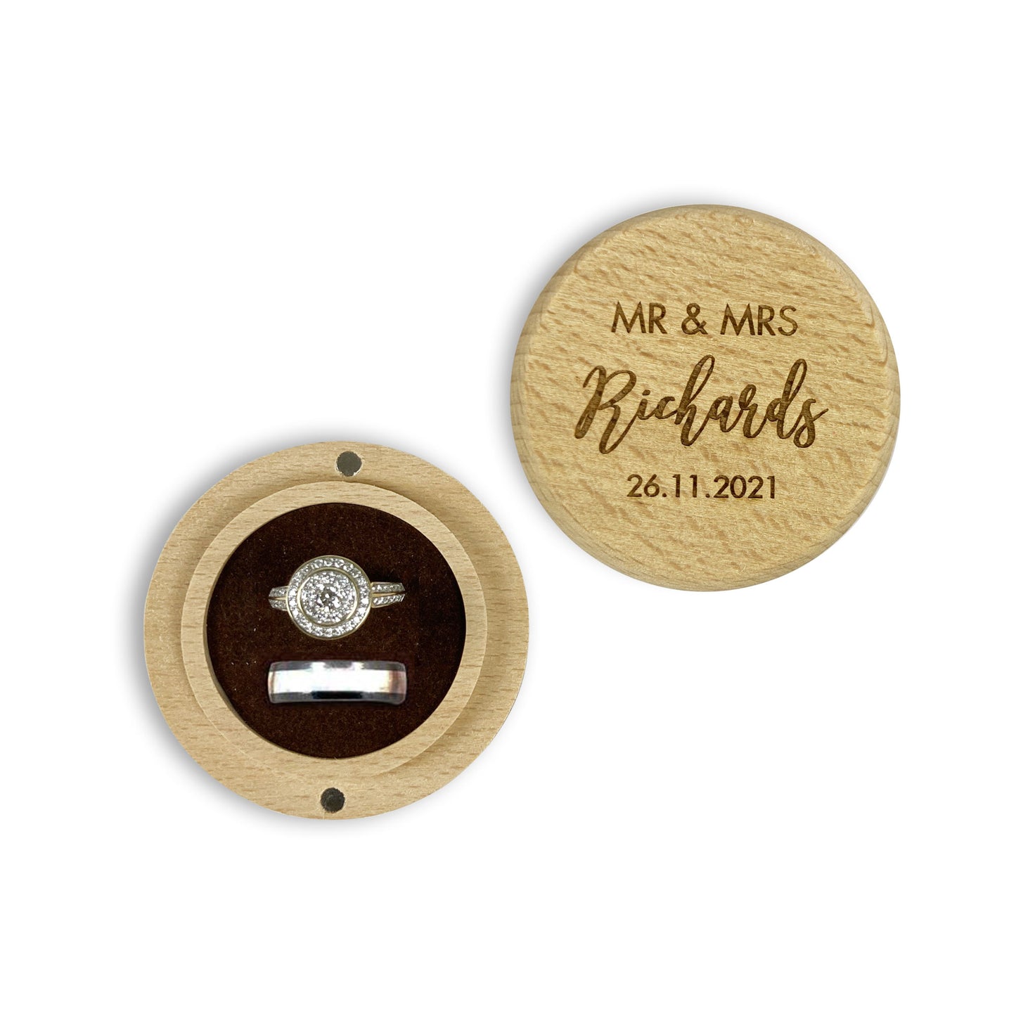 Round Wooden Ring box Gift with Names & Date