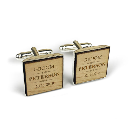 Square Initials Wooden Cufflinks with Wedding Role, Custom Names & Date