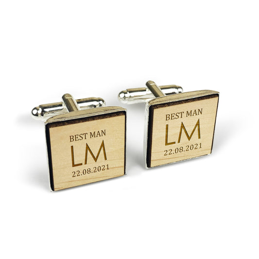 Best Man & Groomsman Square Wooden Cufflinks with Initials & Date