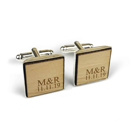 Square Wooden Initials and Date Men Wedding Cufflinks Gift