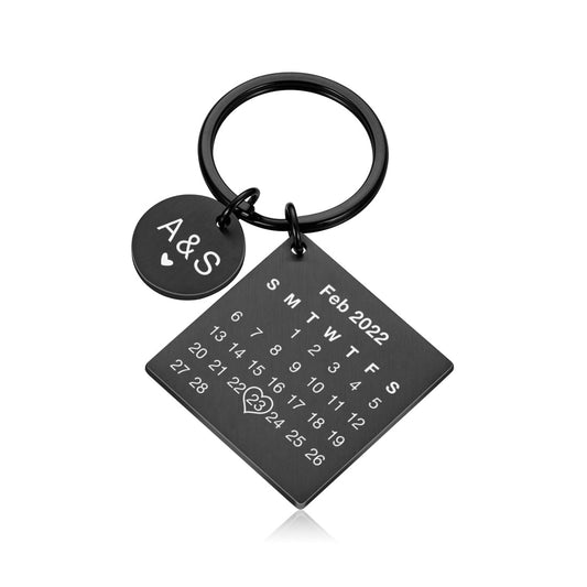 Engraved Calendar Keyring Gift| Date Highlighted with a Heart Custom Text Keychain