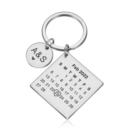 Engraved Calendar Keyring Gift| Date Highlighted with a Heart Custom Text Keychain