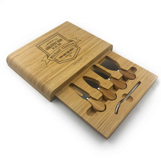 Worlds Greatest Dad Wooden Cheese Board & Knives Gift Set Fathers Day