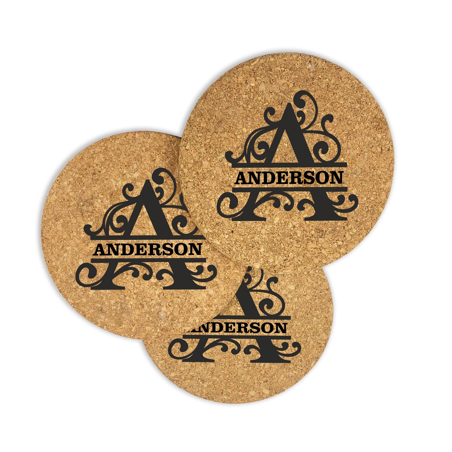 Cork Coasters Initial Swirls Monogram with Family Name