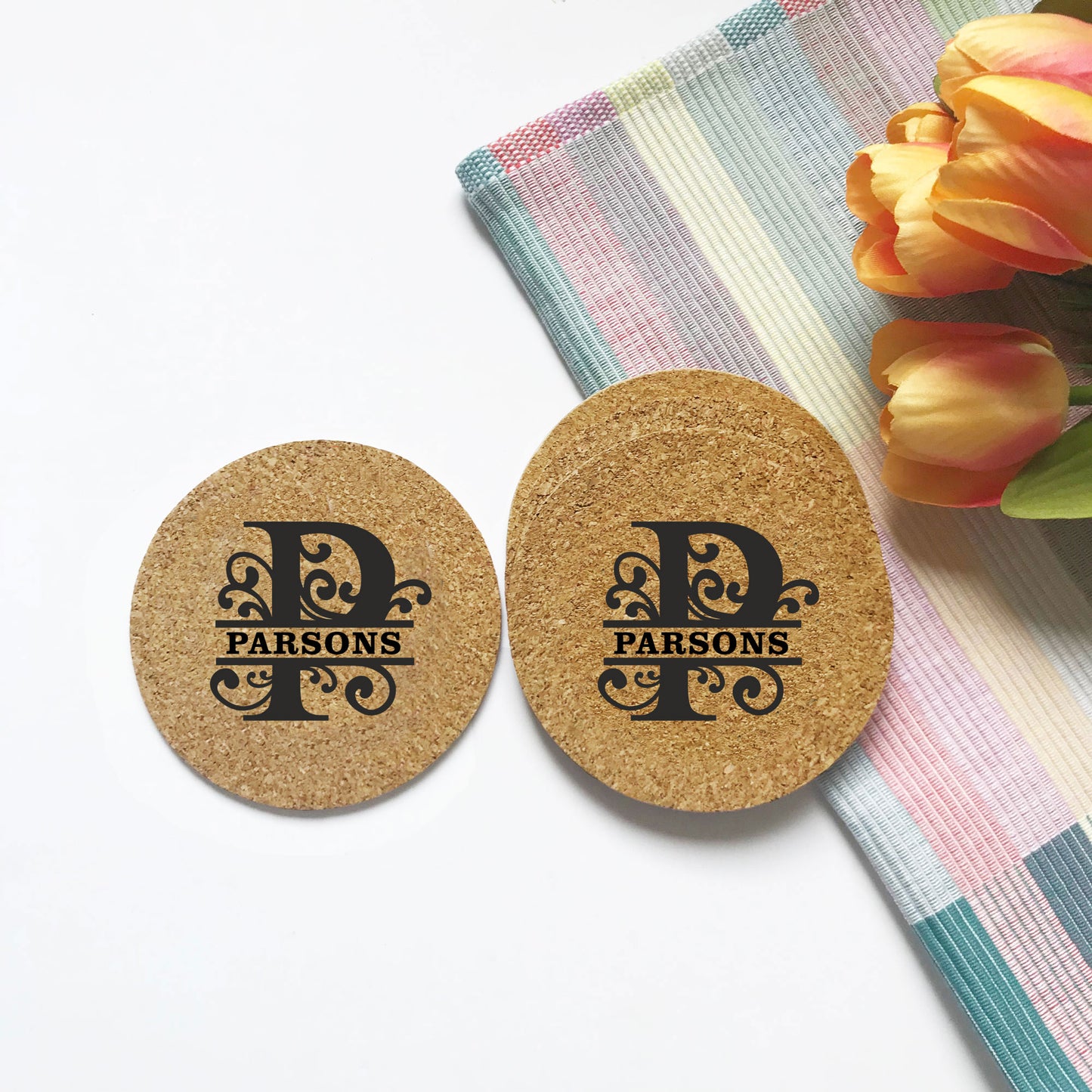 Cork Coasters Initial Swirls Monogram with Family Name
