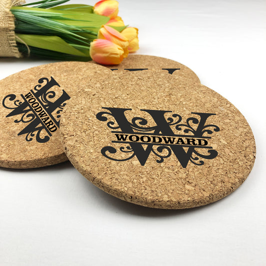 Cork Coasters Initial Swirls Monogram with Family Name