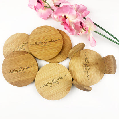 6 x Personalised Engaved Round Bamboo Coaster Set Gift with Stand | Custom Names Date