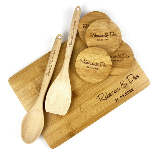 Engraved Chopping Board Gift Set | Custom Names Date | Wedding Gift Housewarming Present Bridal Shower Gift Anniversary Gift