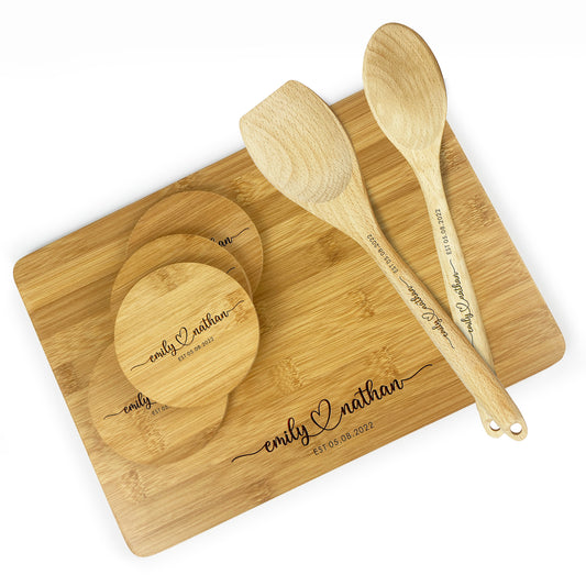 Engraved Chopping Board Gift Set | Custom Names Date | Wedding Gift Housewarming Present Bridal Shower Gift Anniversary Gift