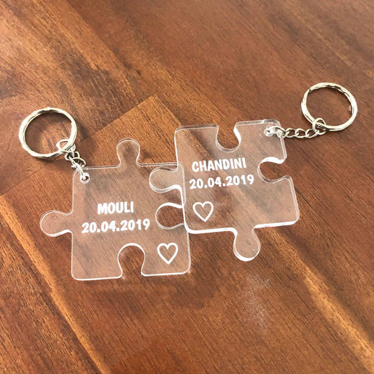 Clear Acrylic 2x Jigsaw Puzzle Keyrings Valentines Day Couple Gift Set