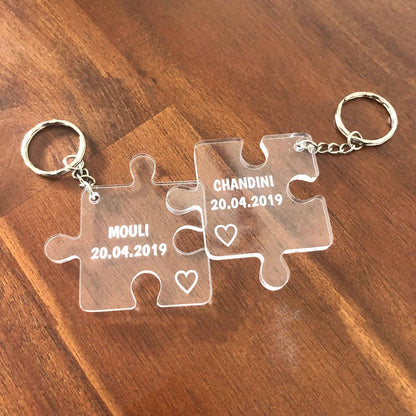 Clear Acrylic 2x Jigsaw Puzzle Keyrings Valentines Day Couple Gift Set