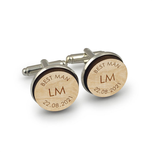 Best Man Round Wooden Engraved Shirt Cufflinks Gift with Custom Initials & Date