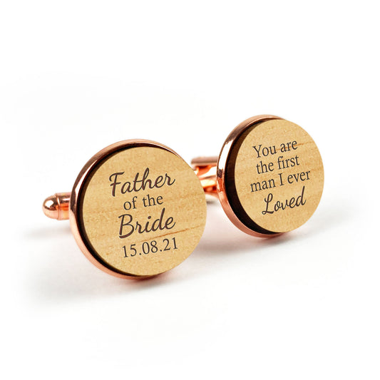 Father of the Bride Round Wooden Engraved Shirt Cufflinks Gift