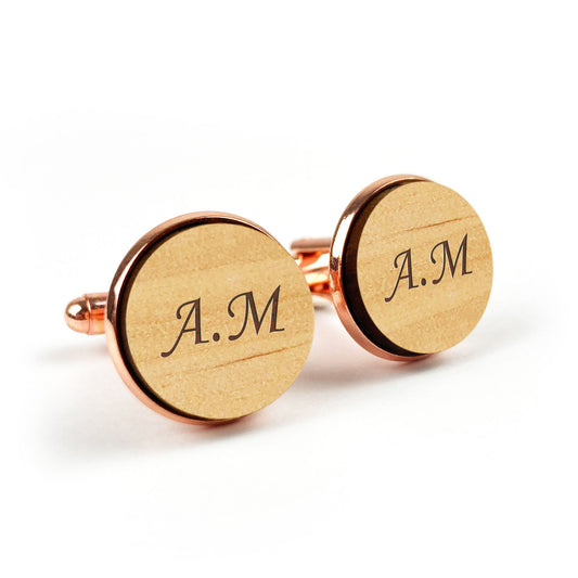 Round Wooden Engraved Shirt Cufflinks Gift with Custom Initials