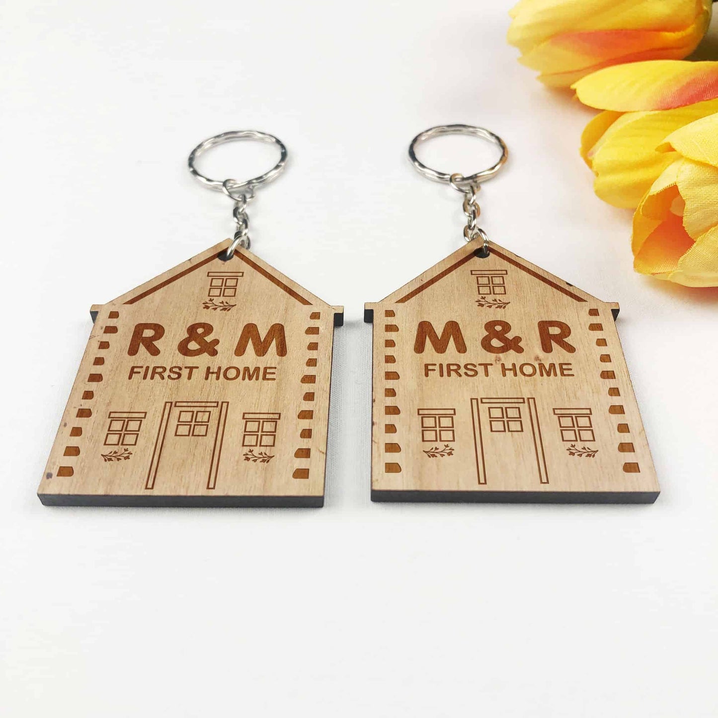 Wooden 2x Engraved Wooden First Home Keyrings Gift Set