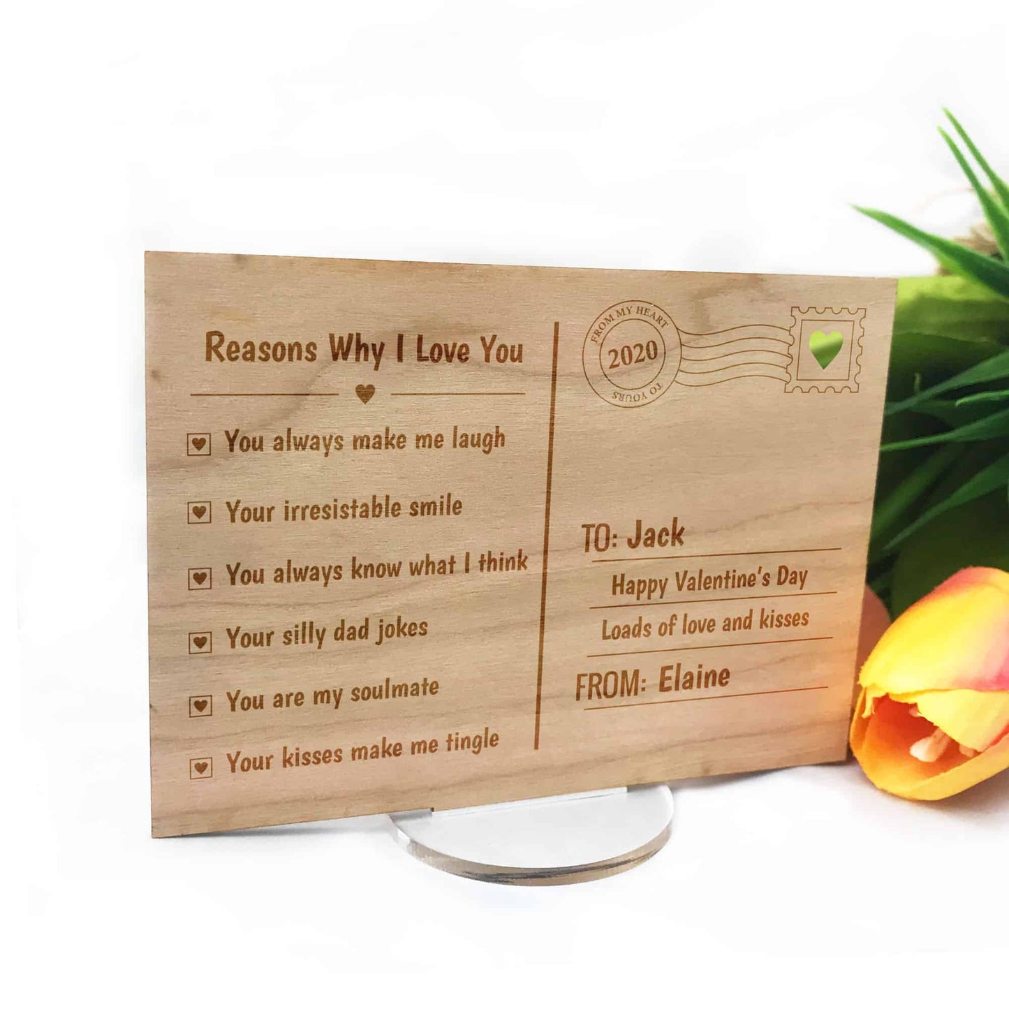 Wooden Engraved Valentines Day Message post card with stand