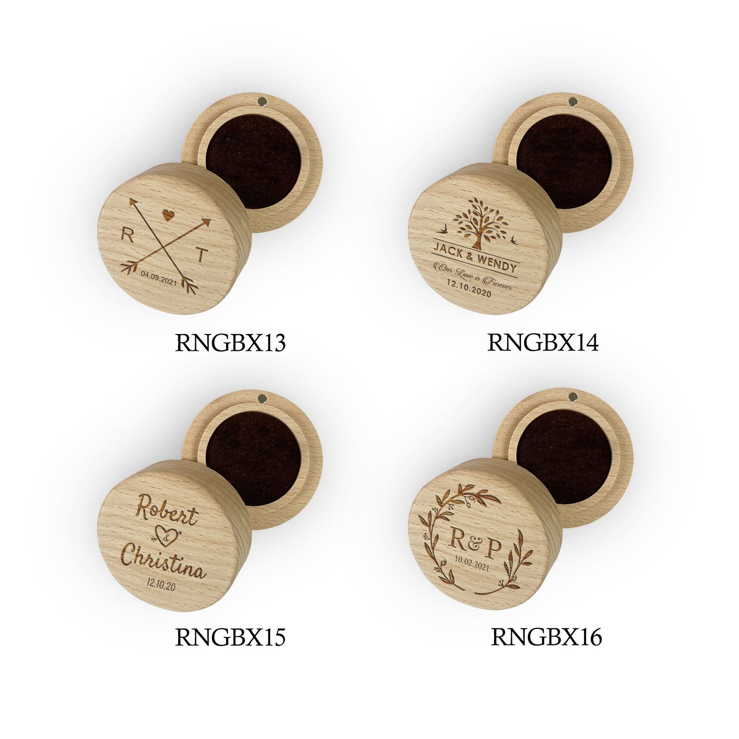 Round Wooden Ring Box Gift Custom Last First Names Date