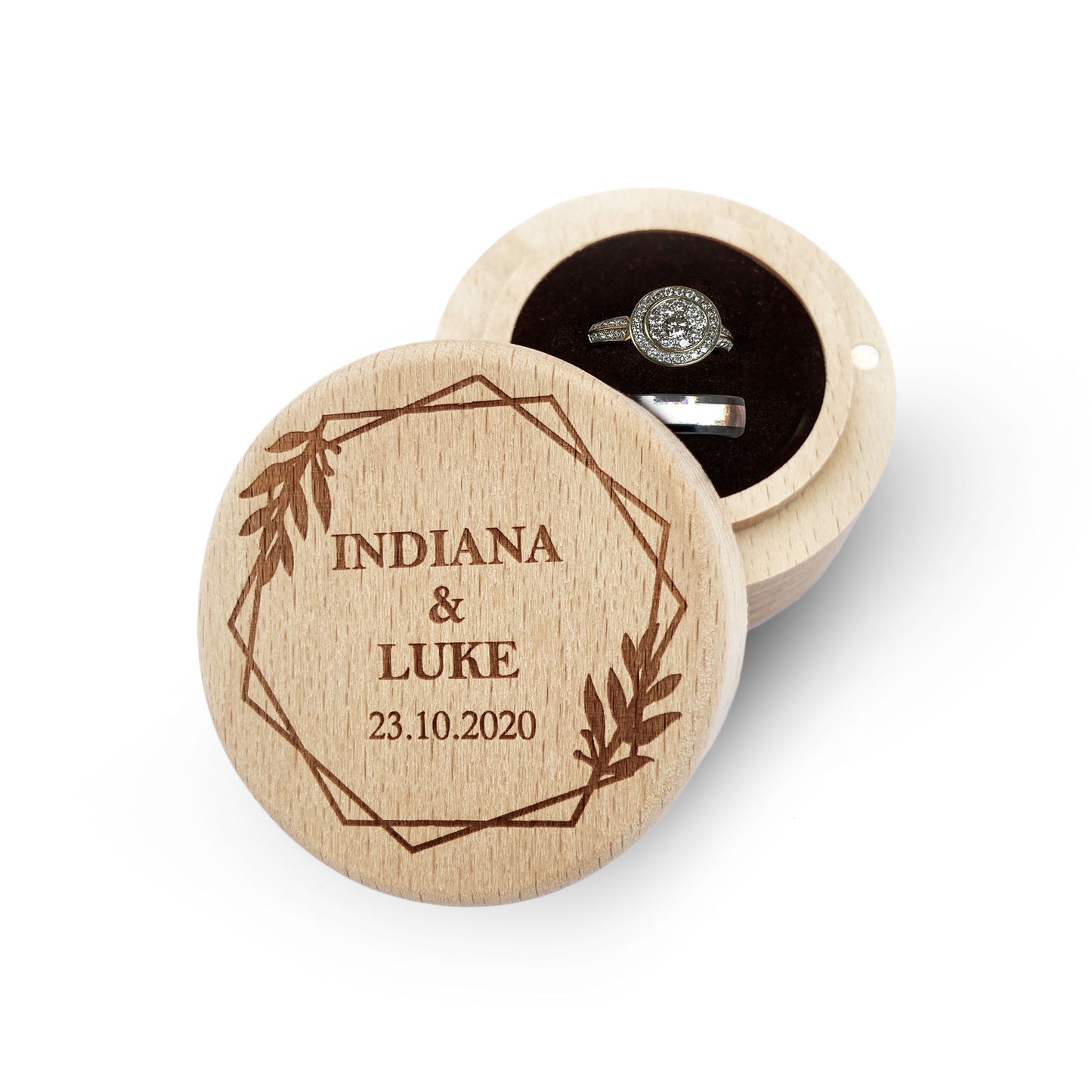 Round Wooden Ring Box Gift Custom Last First Names Date