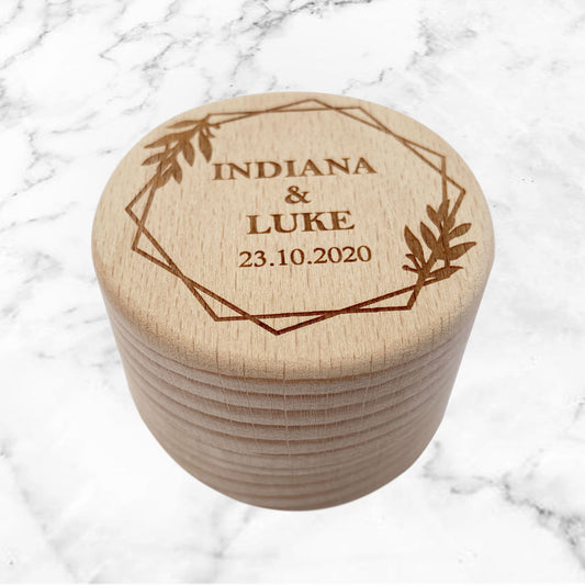 Round Wooden Ring Box Gift Custom Last First Names Date
