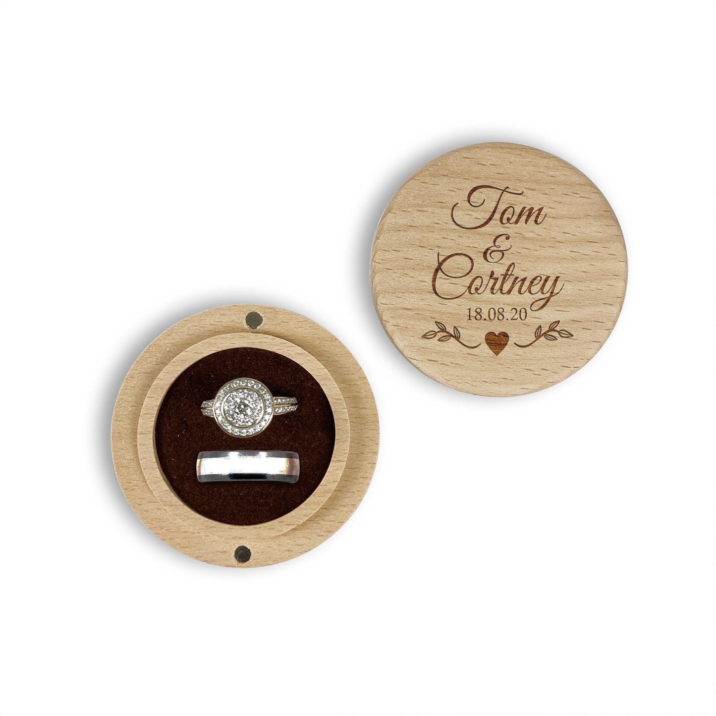 Round Wooden Ring box Gift with Names Date Heart