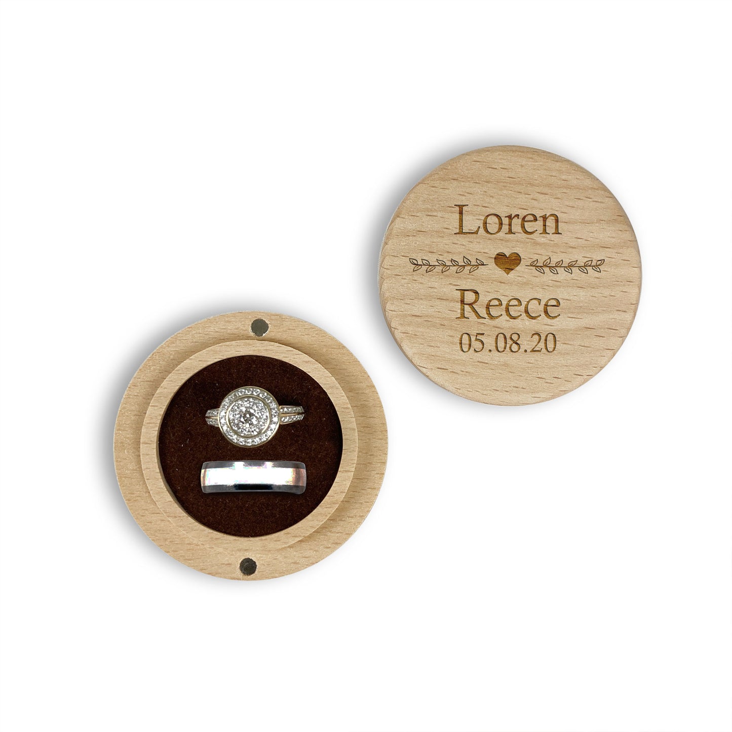 Engraved Round Wooden Ring box Gift Custom Names Heart Date Floral Line