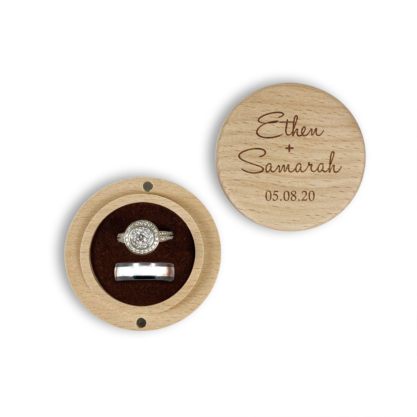 Engraved Round Wooden Ring box Gift | Custom Names and Date