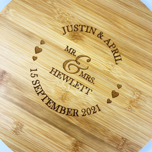Round Wooden Cutting Board Custom Mr. & Mrs. Name & Date Wedding Gift
